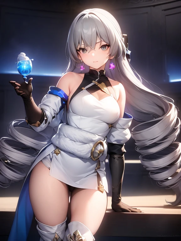 ph bronya, 1girl, solo, jewelry, earrings, long hair, grey hair, bangs, drill hair, bare shoulders, grey eyes, thigh boots, thighhighs, hair between eyes, boots, elbow gloves,sleeveless, black gloves, twin drills, belt, leggings, white dress, breasts, small breasts, black footwear, long sleeves, (masterpiece:1.2, best quality), (finely detailed beautiful eyes: 1.2), (detailed background,dark fantasy), (beautiful detailed face), high contrast, (best illumination, an extremely delicate and beautiful), ((cinematic light)), colorful, hyper detail, dramatic light, intricate details, (sharp face hair between eyes,dynamic angle), (wasteland, the army in the background, winter storm:1.1)