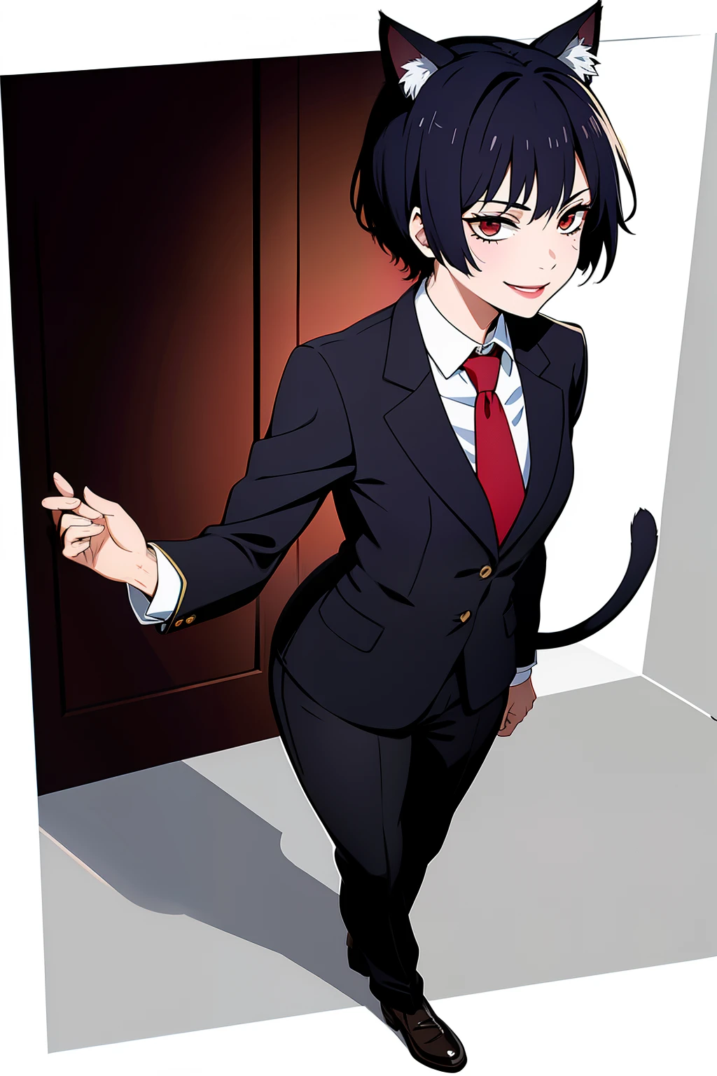 Cute girl, short hair, wearing a formal suit, Tie, big chest, sexy, lipstick, Smiling face, beautiful eyes, black hair, Hair neat and combed, red (X) behind she, Combat stance,X, Cat ears, cat collar, cat tail, cat,meow, full body