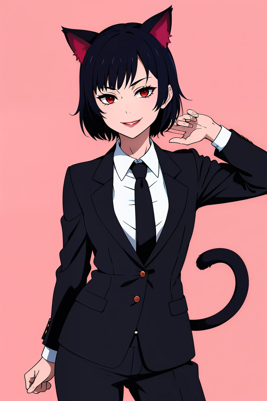 Cute girl, short hair, wearing a formal suit, Tie, big chest, sexy, lipstick, Smiling face, beautiful eyes, black hair, Hair neat and combed, red (X) behind she, Combat stance,X, Cat ears, cat collar, cat tail, cat,meow, full body