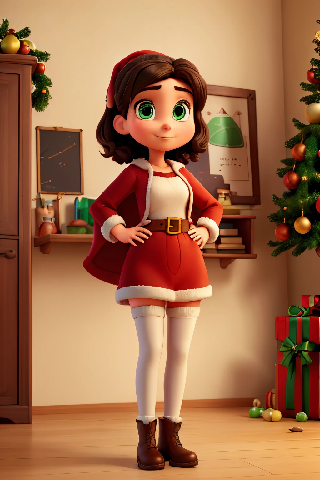 Create a 30-year-old woman, short dark hair, green eyes, pixar style, full body, dressed as Santa Claus