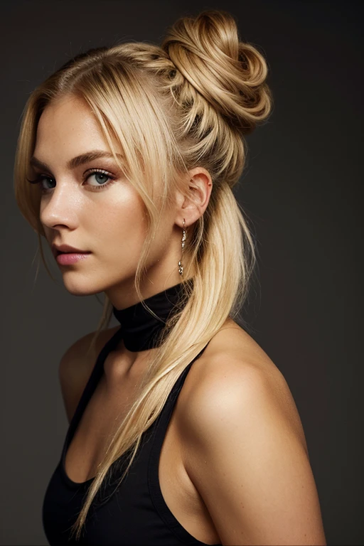 an eye contact of a blond with bun hair and dark theme