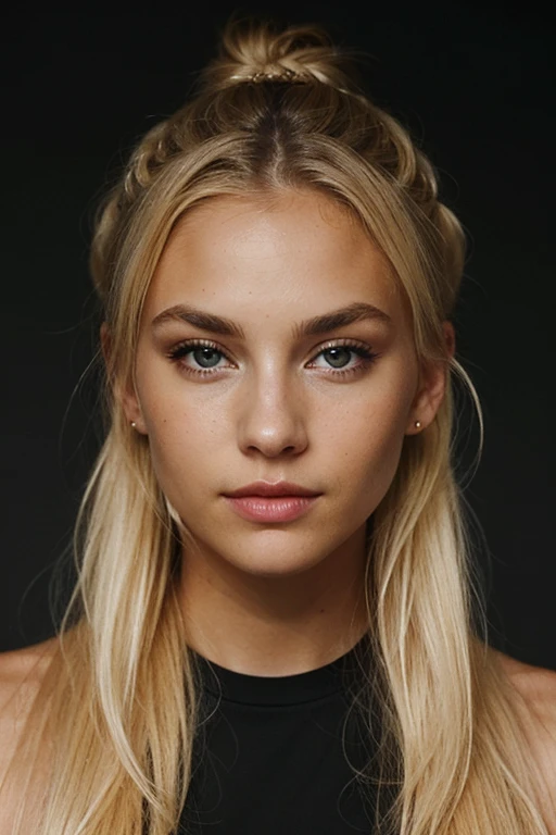 an eye contact of a blond with bun hair and dark theme