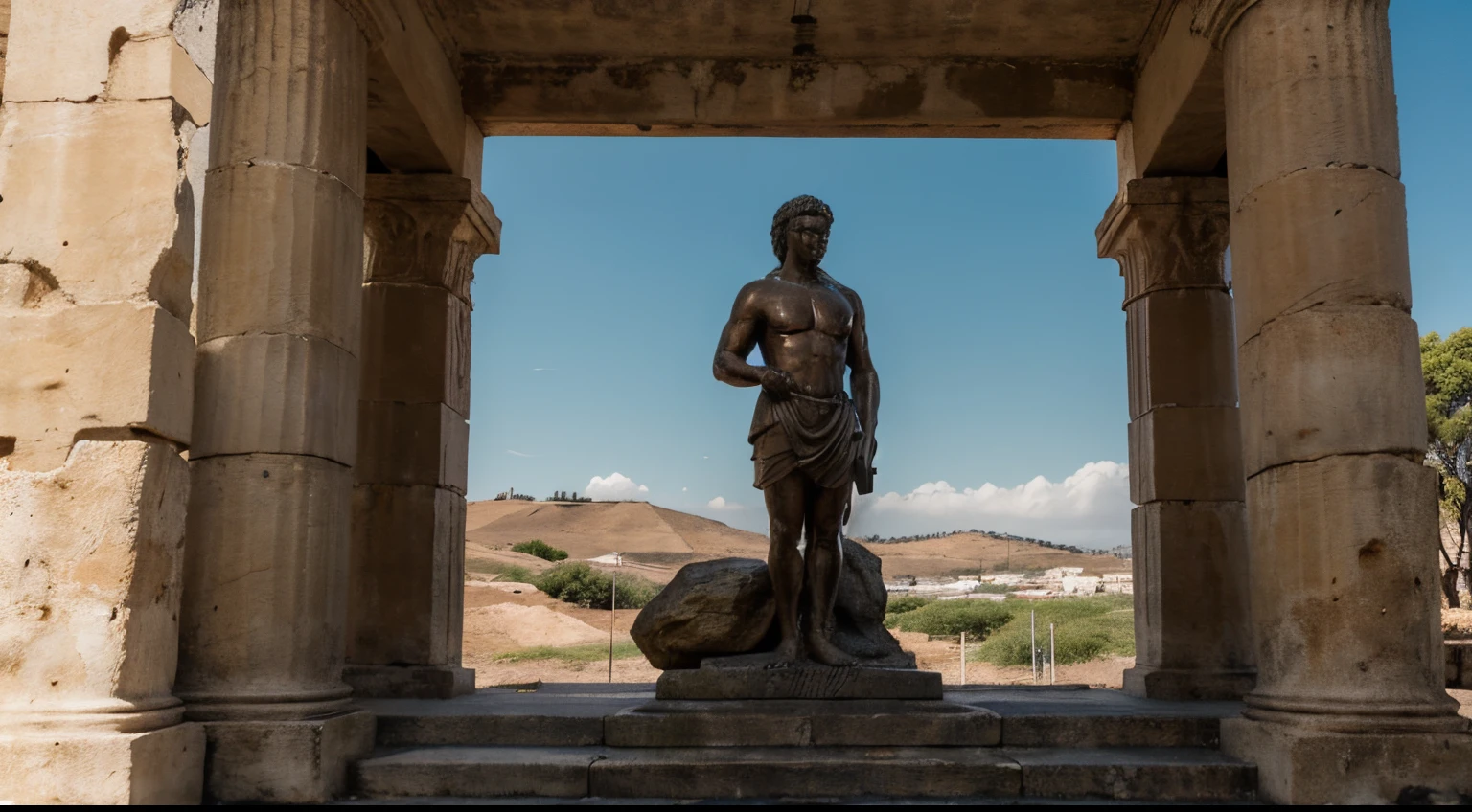Ancient Stoic Statue With Very Angry Expression, tem barba, muitos detalhes em ambos os olhos, Outside, fundo atenas grego, open sky, com rosto extremamente detalhado full body view, Colors with low saturation with dark tone, Filmado em Sony A7S III com Sony FE 35mm f/1.8, 12.1 MP, --AR 3:2 --estilo cru