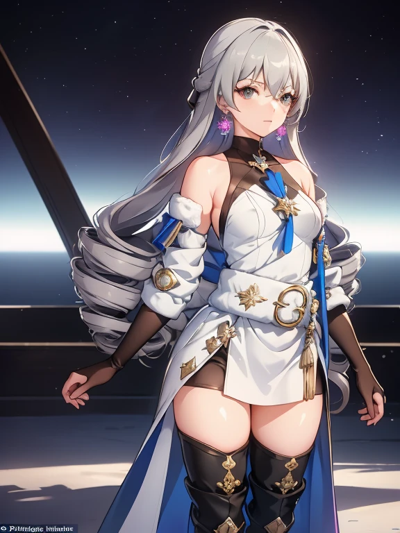 ph bronya, 1girl, solo, jewelry, earrings, long hair, grey hair, bangs, drill hair, bare shoulders, grey eyes, thigh boots, thighhighs, hair between eyes, boots, elbow gloves,sleeveless, black gloves, twin drills, belt, leggings, white dress, breasts, small breasts, black footwear, long sleeves, (masterpiece:1.2, best quality), (finely detailed beautiful eyes: 1.2), (detailed background,dark fantasy), (beautiful detailed face), high contrast, (best illumination, an extremely delicate and beautiful), ((cinematic light)), colorful, hyper detail, dramatic light, intricate details, (sharp face hair between eyes,dynamic angle), (wasteland, the army in the background, winter storm:1.1)