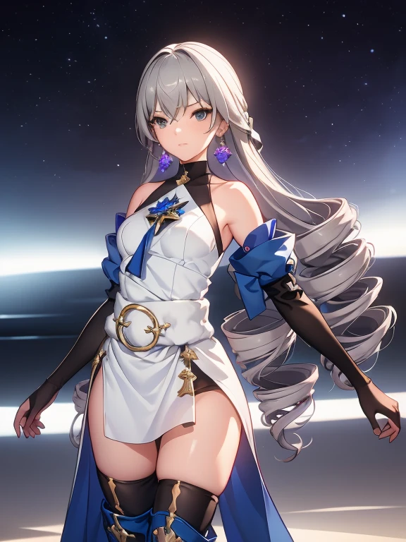 ph bronya, 1girl, solo, jewelry, earrings, long hair, grey hair, bangs, drill hair, bare shoulders, grey eyes, thigh boots, thighhighs, hair between eyes, boots, elbow gloves,sleeveless, black gloves, twin drills, belt, leggings, white dress, breasts, small breasts, black footwear, long sleeves, (masterpiece:1.2, best quality), (finely detailed beautiful eyes: 1.2), (detailed background,dark fantasy), (beautiful detailed face), high contrast, (best illumination, an extremely delicate and beautiful), ((cinematic light)), colorful, hyper detail, dramatic light, intricate details, (sharp face hair between eyes,dynamic angle), (wasteland, the army in the background, winter storm:1.1)