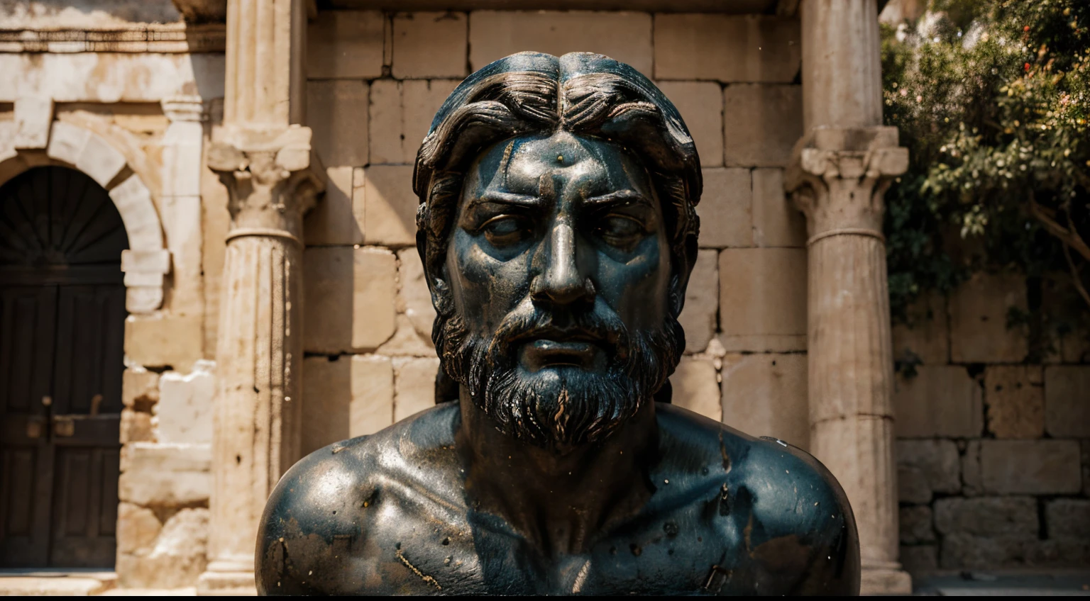 Ancient Stoic Statue With Very Angry Expression, tem barba, muitos detalhes em ambos os olhos, Outside, fundo atenas grego, open sky, com rosto extremamente detalhado full body view, Colors with low saturation with dark tone, Filmado em Sony A7S III com Sony FE 35mm f/1.8, 12.1 MP, --AR 3:2 --estilo cru