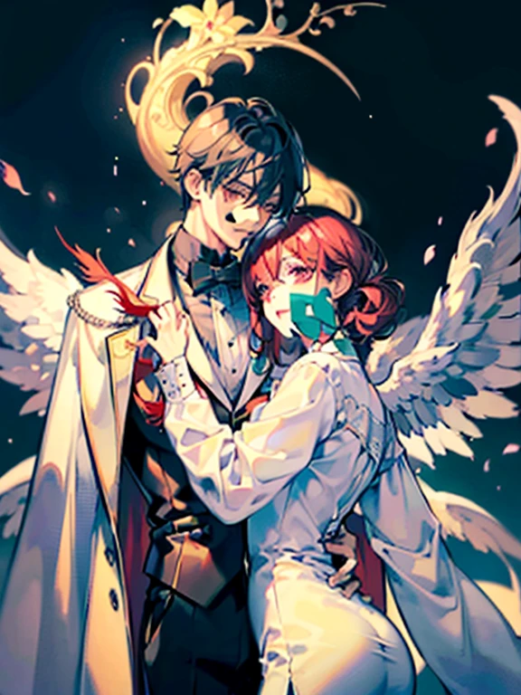 (((masutepiece))), Best Quality, Elegant and detailed character descriptions:Two men,one of them is an angel,he has short white curly hair、Wearing a white suit,Very gentle,the other is the devil,He has medium dark burgundy hair.、Wearing a black suit,very free-spirited,devil hugs angel,Against the background of European used bookstores。