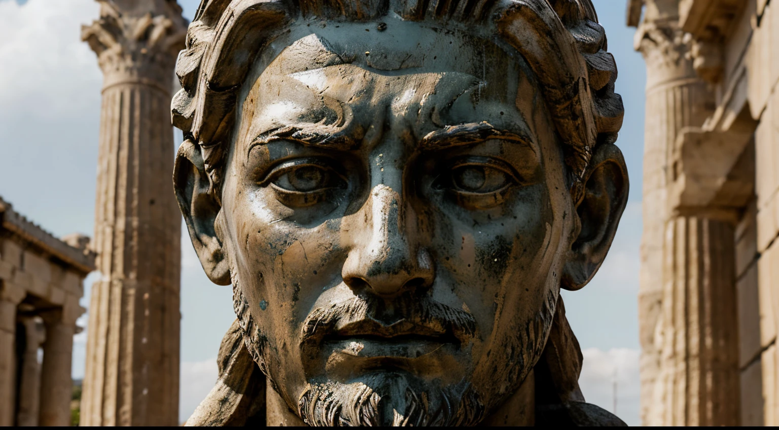 Ancient Stoic Statue With Very Angry Expression, tem barba, muitos detalhes em ambos os olhos, Outside, fundo atenas grego, open sky, com rosto extremamente detalhado full body view, Colors with low saturation with dark tone, Filmado em Sony A7S III com Sony FE 35mm f/1.8, 12.1 MP, --AR 3:2 --estilo cru