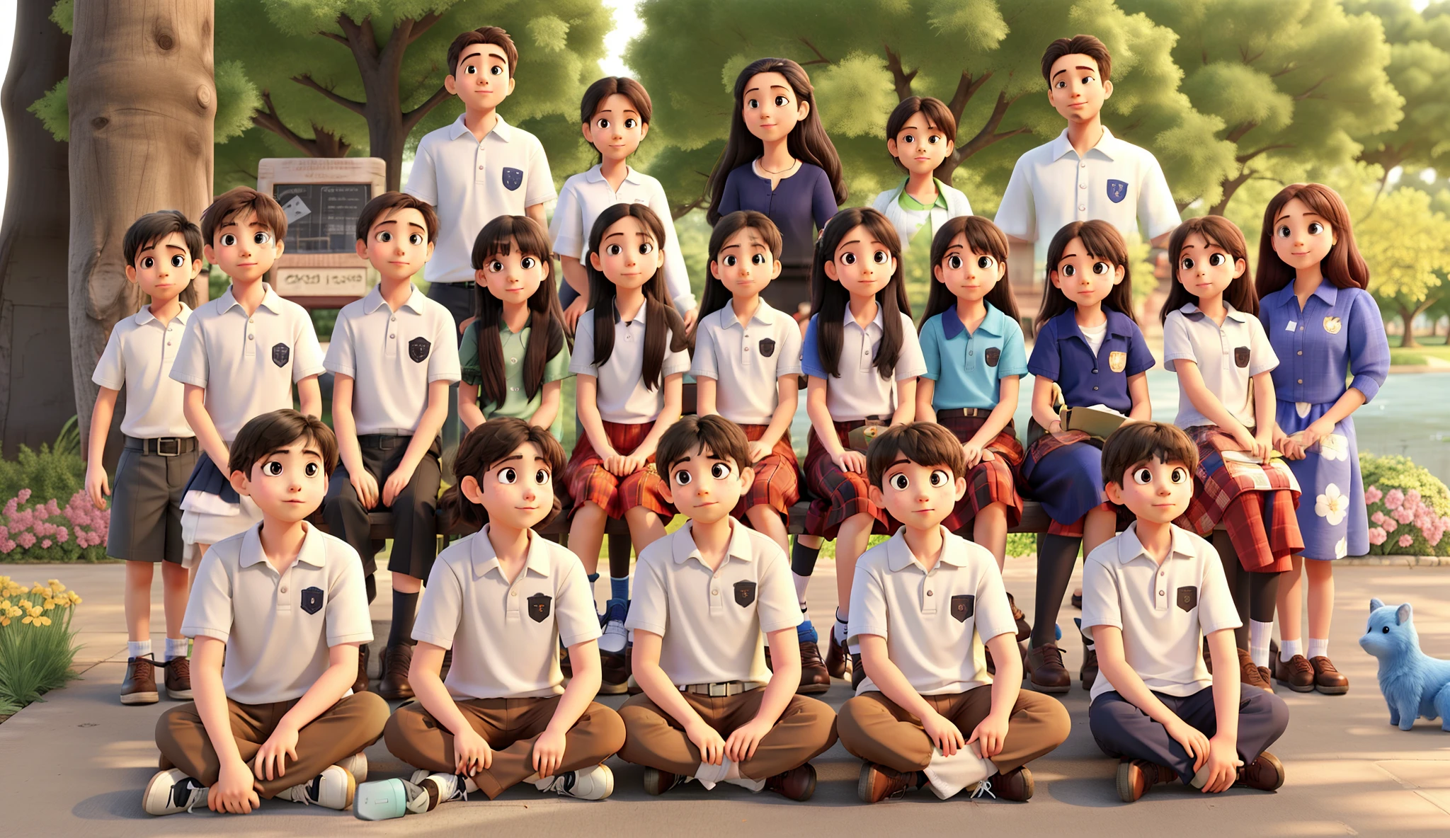 Adjust children in the middle row are sitting on a bench