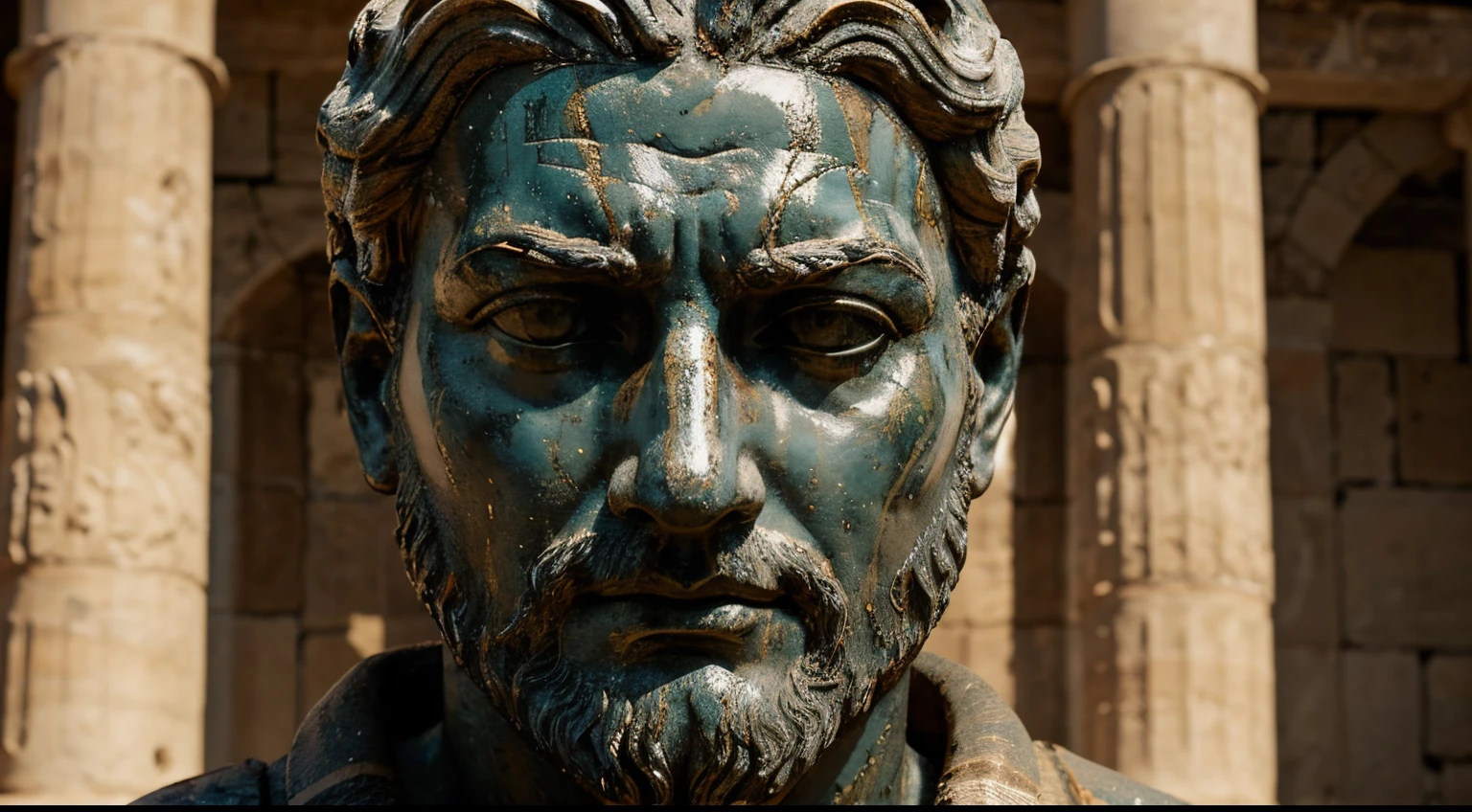 Ancient Stoic Statue With Very Angry Expression, tem barba, muitos detalhes em ambos os olhos, Outside, fundo atenas grego, open sky, com rosto extremamente detalhado full body view, Colors with low saturation with dark tone, Filmado em Sony A7S III com Sony FE 35mm f/1.8, 12.1 MP, --AR 3:2 --estilo cru