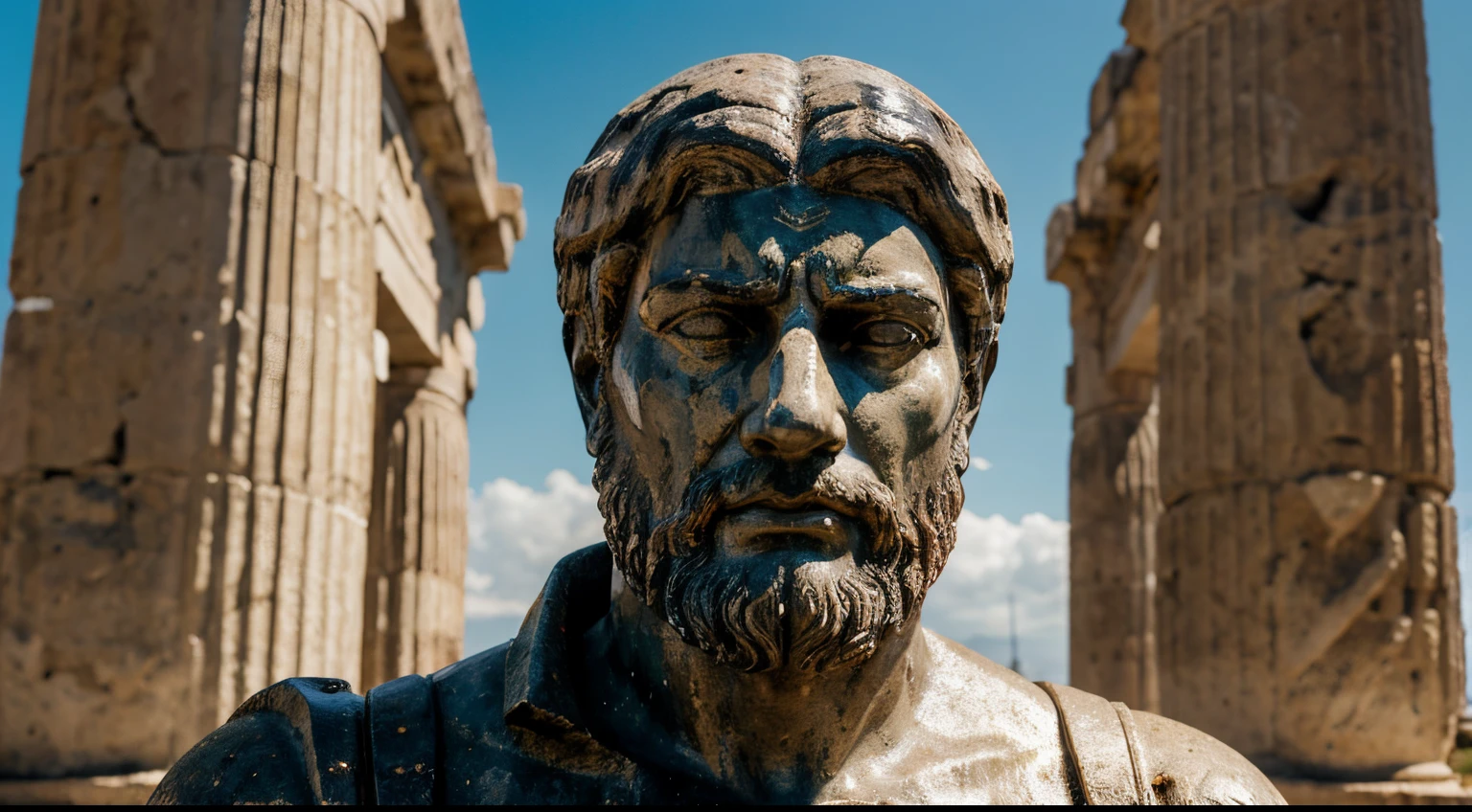 Ancient Stoic Statue With Very Angry Expression, tem barba, muitos detalhes em ambos os olhos, Outside, fundo atenas grego, open sky, com rosto extremamente detalhado full body view, Colors with low saturation with dark tone, Filmado em Sony A7S III com Sony FE 35mm f/1.8, 12.1 MP, --AR 3:2 --estilo cru