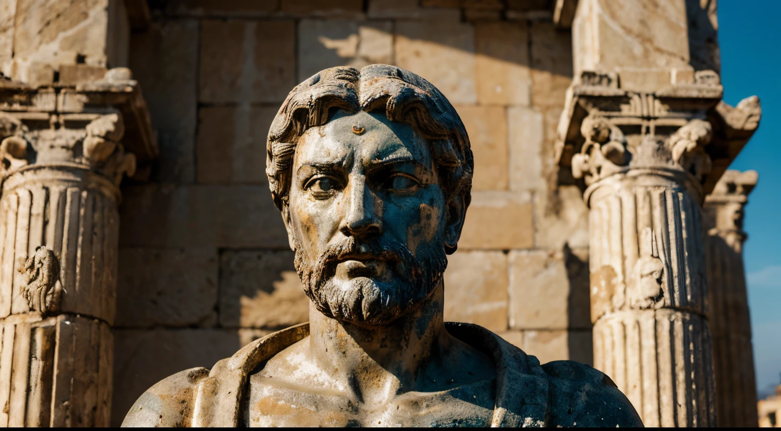 Ancient Stoic Statue With Very Angry Expression, tem barba, muitos detalhes em ambos os olhos, Outside, fundo atenas grego, open sky, com rosto extremamente detalhado full body view, Colors with low saturation with dark tone, Filmado em Sony A7S III com Sony FE 35mm f/1.8, 12.1 MP, --AR 3:2 --estilo cru