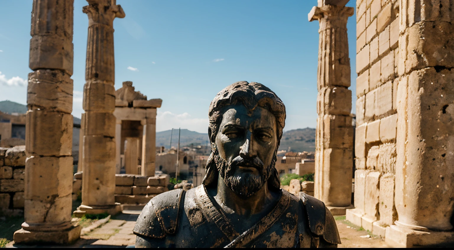 Ancient Stoic Statue With Very Angry Expression, tem barba, muitos detalhes em ambos os olhos, Outside, fundo atenas grego, open sky, com rosto extremamente detalhado full body view, Colors with low saturation with dark tone, Filmado em Sony A7S III com Sony FE 35mm f/1.8, 12.1 MP, --AR 3:2 --estilo cru