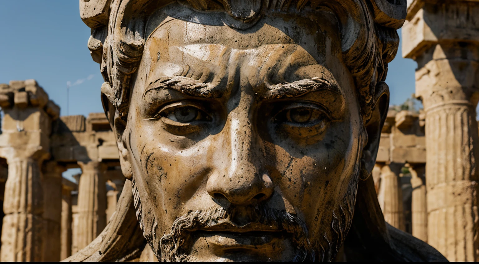Ancient Stoic Statue With Very Angry Expression, tem barba, muitos detalhes em ambos os olhos, Outside, fundo atenas grego, open sky, com rosto extremamente detalhado full body view, Colors with low saturation with dark tone, Filmado em Sony A7S III com Sony FE 35mm f/1.8, 12.1 MP, --AR 3:2 --estilo cru