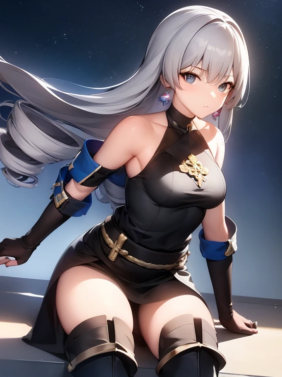 pH Armor, 1girl, 独奏, Jewelry, earings, Long hair, gray hairs, Bangs, drill hair, bare shoulders, gray eyes, thigh boots, thights, thights, Hair between the eyes, knee boots, elbow gloves,Sleeveless, black gloves, twin drills, belt, leggins, whitedress, 가슴, small breasts, black footwear, long sleeves, (Masterpiece:1.2, Best Quality), (finely detailed beautiful eyes: 1.2), (Detailed background,Dark Fantasy), (Beautiful Detail Face), High contrast, (better lighting, extreamly delicate and beautiful), ((cinematiclight)), Colorful, Hyper Detail, Dramatic light, intricate details, (sharp face hair between eyes,Dynamic Angle), (Wasteland, army in the background, winter storm:1.1)