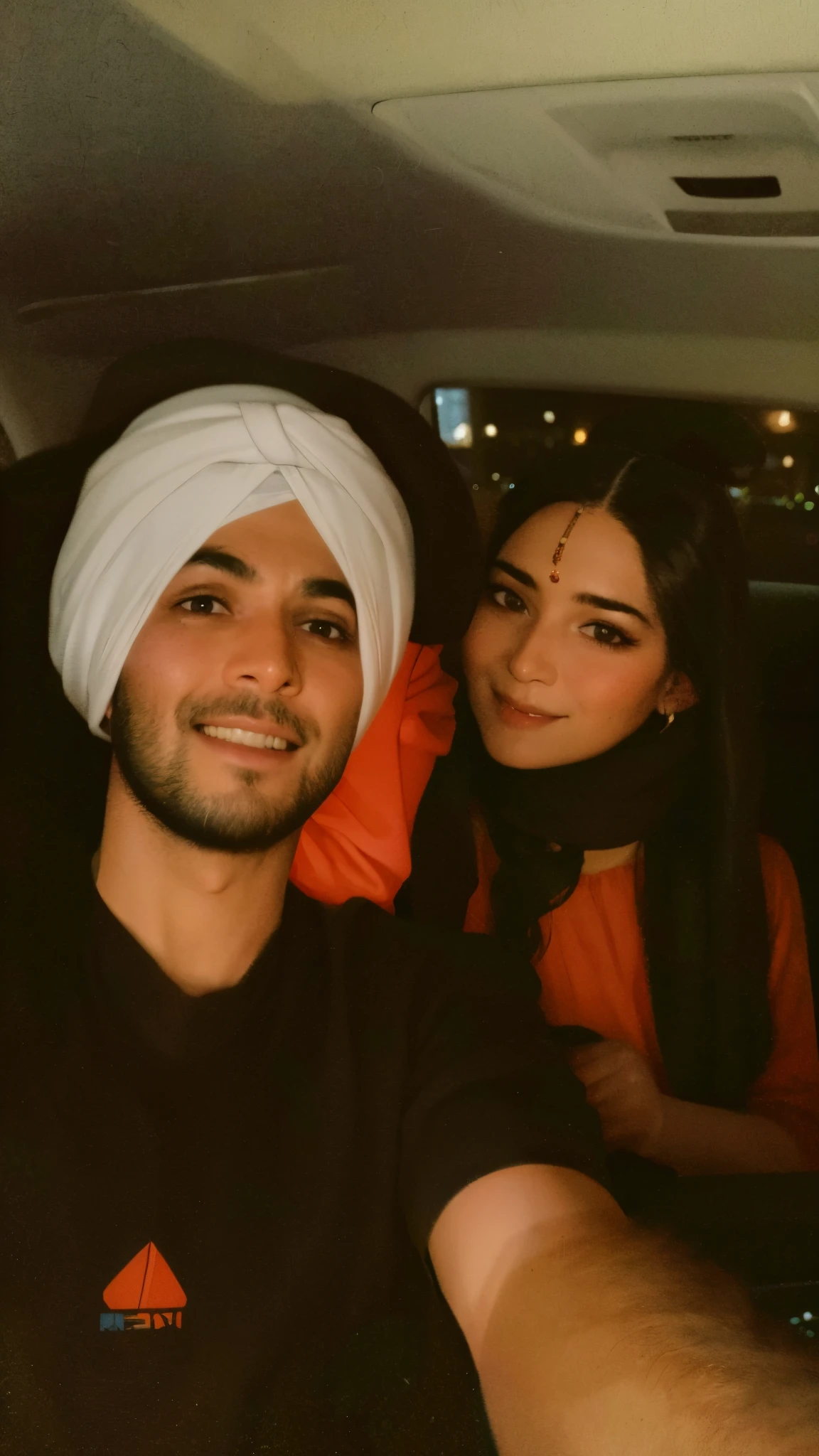 there is a man and a woman taking a selfie in a car, by Manjit Bawa, in love selfie, very very low quality picture, profile pic, at night time, turban, lovely couple, inspired by Manjit Bawa, candid picture, wearing a turban, aww, 8k selfie photograph, taken with sony alpha 9, taken on iphone 14 pro