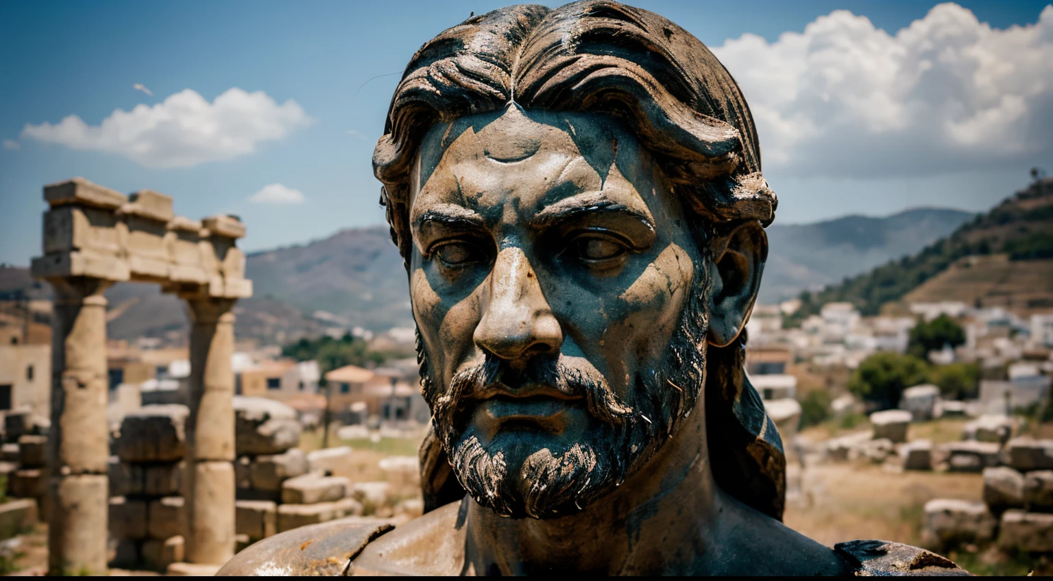 Ancient Stoic Statue With Very Angry Expression, tem barba, muitos detalhes em ambos os olhos, Outside, fundo atenas grego, open sky, com rosto extremamente detalhado full body view, Colors with low saturation with dark tone, Filmado em Sony A7S III com Sony FE 35mm f/1.8, 12.1 MP, --AR 3:2 --estilo cru