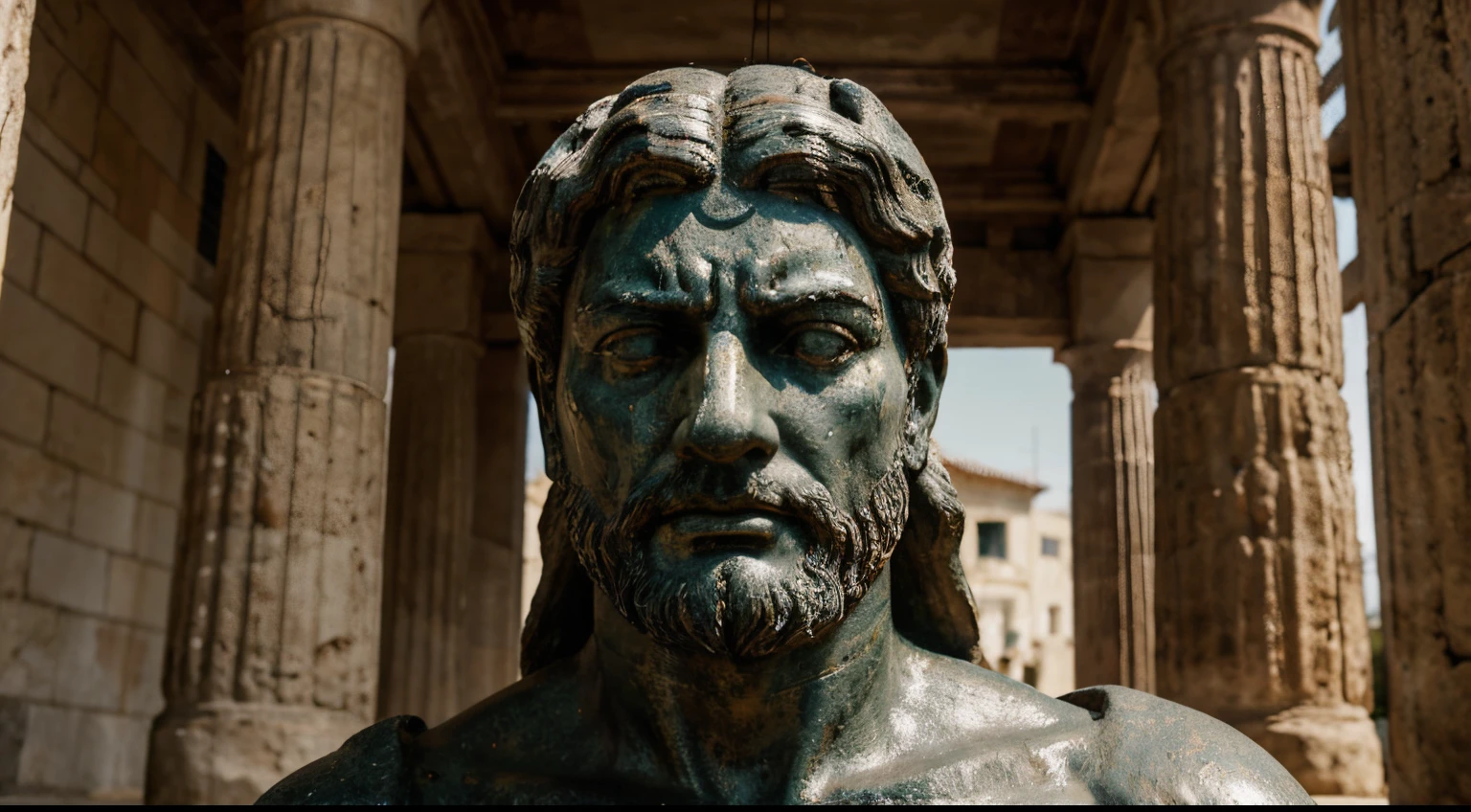 Ancient Stoic Statue With Very Angry Expression, tem barba, muitos detalhes em ambos os olhos, Outside, fundo atenas grego, open sky, com rosto extremamente detalhado full body view, Colors with low saturation with dark tone, Filmado em Sony A7S III com Sony FE 35mm f/1.8, 12.1 MP, --AR 3:2 --estilo cru