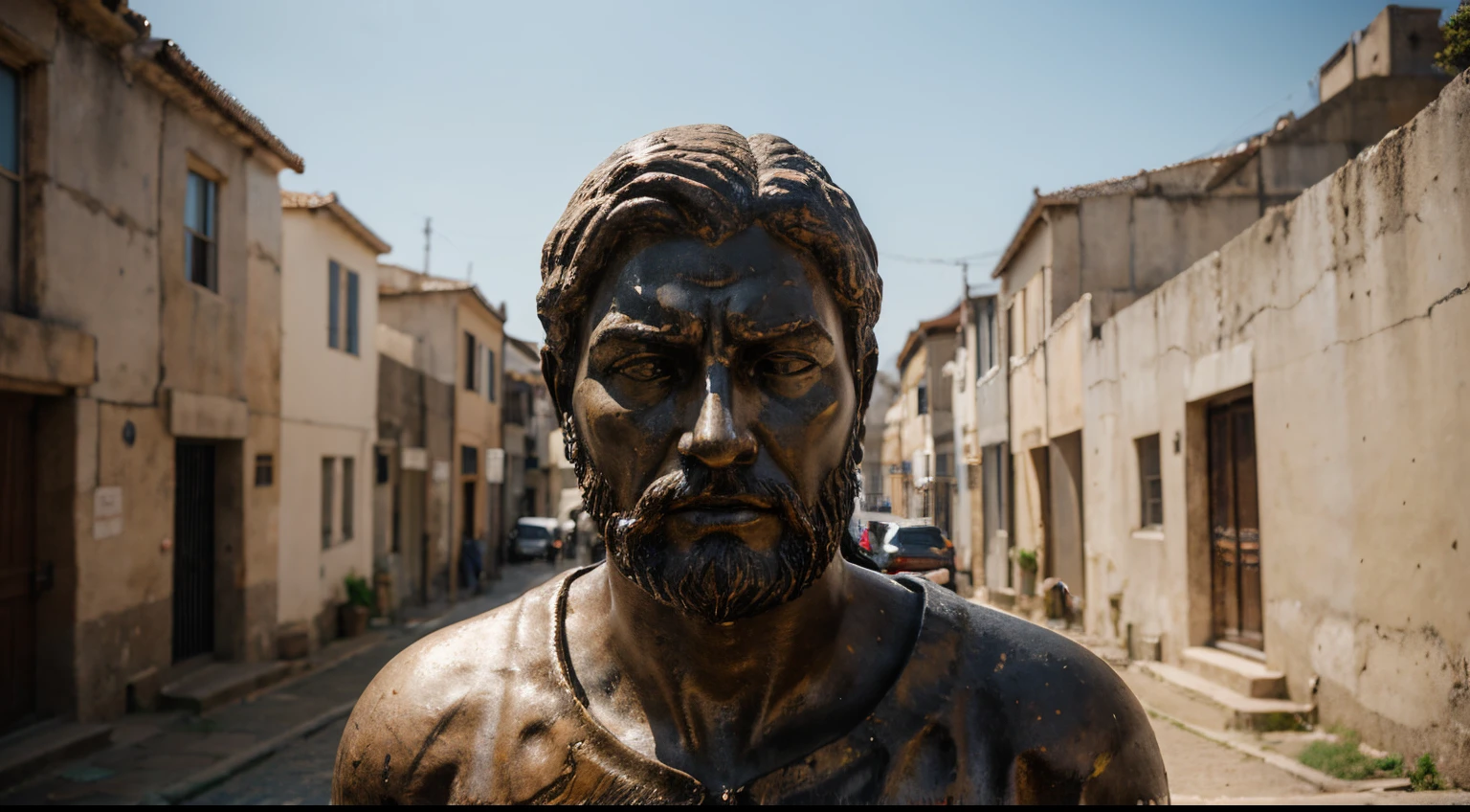 Ancient Stoic Statue With Very Angry Expression, tem barba, muitos detalhes em ambos os olhos, Outside, fundo atenas grego, open sky, com rosto extremamente detalhado full body view, Colors with low saturation with dark tone, Filmado em Sony A7S III com Sony FE 35mm f/1.8, 12.1 MP, --AR 3:2 --estilo cru