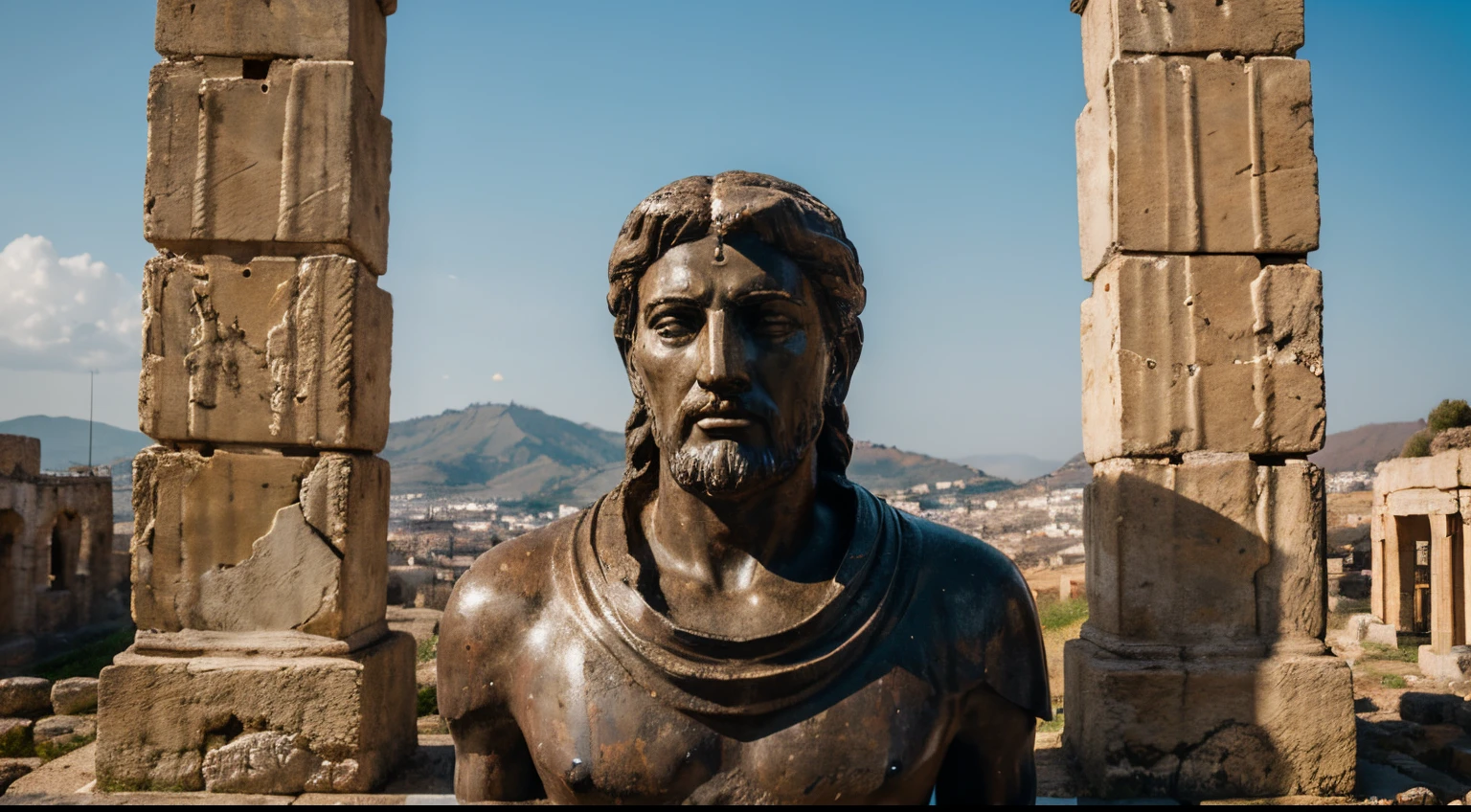 Ancient Stoic Statue With Very Angry Expression, tem barba, muitos detalhes em ambos os olhos, Outside, fundo atenas grego, open sky, com rosto extremamente detalhado full body view, Colors with low saturation with dark tone, Filmado em Sony A7S III com Sony FE 35mm f/1.8, 12.1 MP, --AR 3:2 --estilo cru