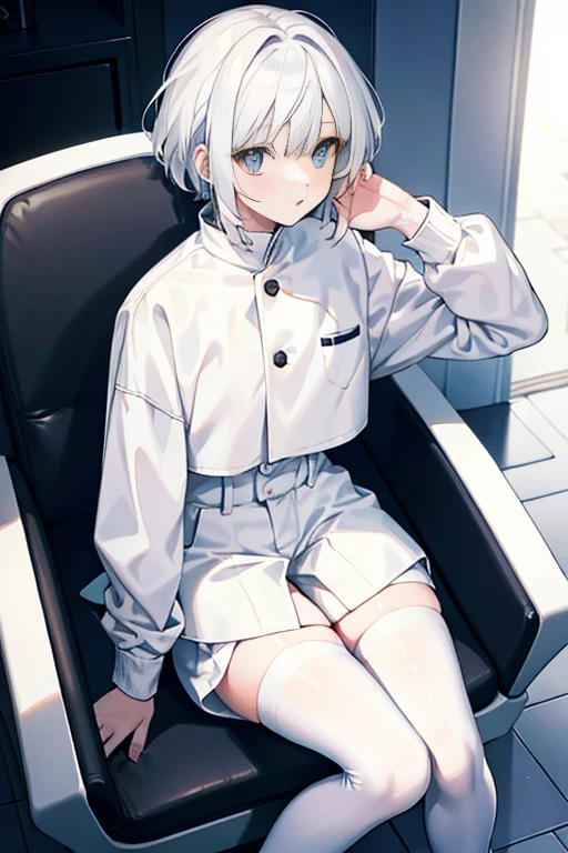 White hair, white clothes, Looking up sadly, sit on chair, White shirt jacket, Loose shorts+White stockings,Side sitting