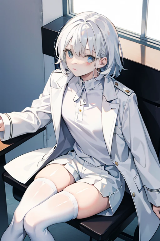 White hair, white  clothes, Looking up sadly, sit on chair, White shirt jacket, Loose shorts+White stockings,Side sitting