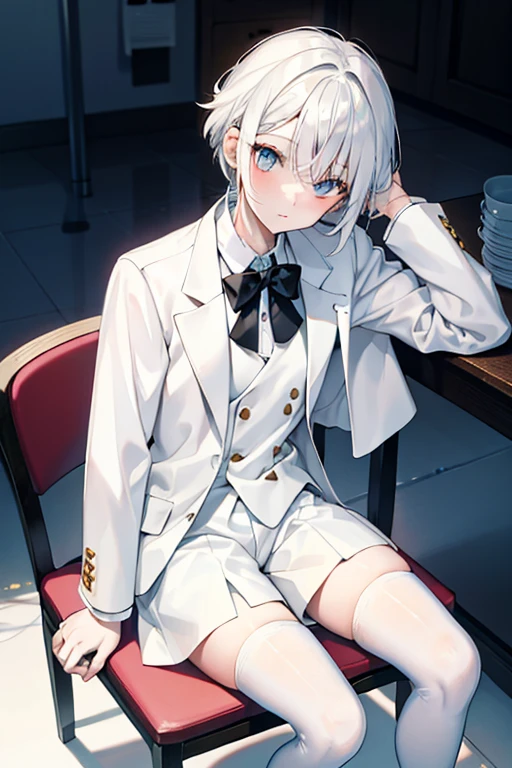 White hair, white  clothes, Looking up sadly, sit on chair, White shirt jacket, Loose shorts+White stockings,Side sitting