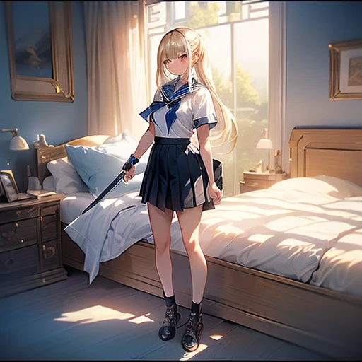 bright expression、poneyTail、Young shiny shiny white shiny skin、Best Looks、Blonde reflected light、Platinum blonde hair with dazzling highlights、shiny light hair,、Super long silky straight hair、Beautiful bangs that shine、Glowing crystal clear attractive big blue eyes、Very beautiful nice cute 16 year old girl、Lush bust,Beautiful detailed eyes, beautiful detailed nose,(( Full body:1.25)),Makeup that the eyes emphasize、((Pleated skirt with many folds)),(Women like Joan of Arc)、s Armor、Knights, With a sword and shield，Royal style，Comic style, , Sub-surface scattering, ornate detail, nature backdrop, Hyper-realistic, ((Cinematic)), Dramatic Lighting, masutepiece