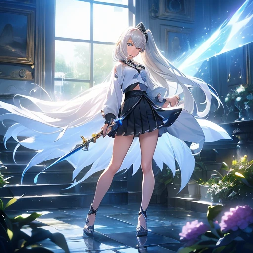 bright expression、poneyTail、Young shiny shiny white shiny skin、Best Looks、Blonde reflected light、Platinum blonde hair with dazzling highlights、shiny light hair,、Super long silky straight hair、Beautiful bangs that shine、Glowing crystal clear attractive big blue eyes、Very beautiful nice cute 16 year old girl、Lush bust,Beautiful detailed eyes, beautiful detailed nose,(( Full body:1.25)),Makeup that the eyes emphasize、((Pleated skirt with many folds)),(Women like Joan of Arc)、s Armor、Knights, With a sword and shield，Royal style，Comic style, , Sub-surface scattering, ornate detail, nature backdrop, Hyper-realistic, ((Cinematic)), Dramatic Lighting, masutepiece
