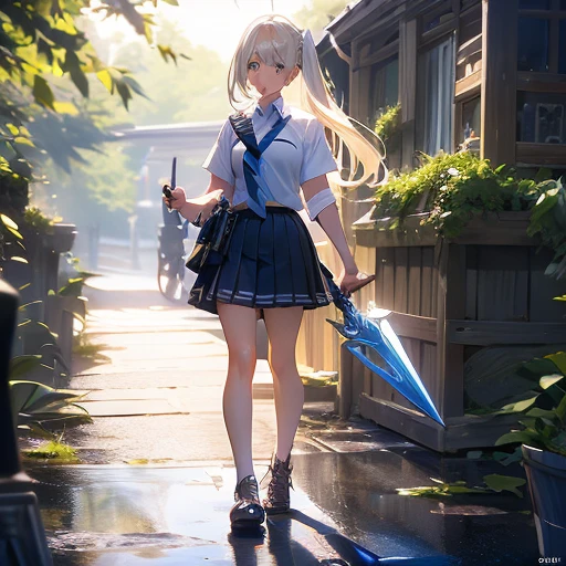 bright expression、poneyTail、Young shiny shiny white shiny skin、Best Looks、Blonde reflected light、Platinum blonde hair with dazzling highlights、shiny light hair,、Super long silky straight hair、Beautiful bangs that shine、Glowing crystal clear attractive big blue eyes、Very beautiful nice cute 16 year old girl、Lush bust,Beautiful detailed eyes, beautiful detailed nose,(( Full body:1.25)),Makeup that the eyes emphasize、((Pleated skirt with many folds)),(Women like Joan of Arc)、s Armor、Knights, With a sword and shield,Royal style,Comic style, , Sub-surface scattering, ornate detail, nature backdrop, Hyper-realistic, ((Cinematic)), Dramatic Lighting, masutepiece