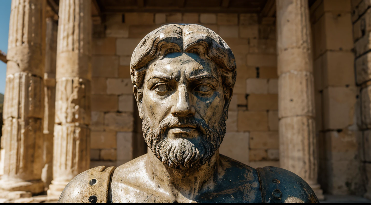 Ancient Stoic Statue With Very Angry Expression, tem barba, muitos detalhes em ambos os olhos, Outside, fundo atenas grego, open sky, com rosto extremamente detalhado full body view, Colors with low saturation with dark tone, Filmado em Sony A7S III com Sony FE 35mm f/1.8, 12.1 MP, --AR 3:2 --estilo cru