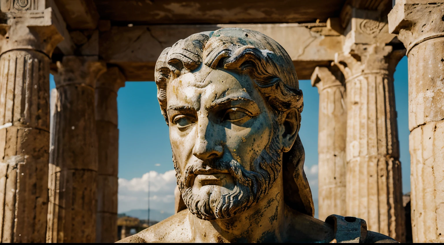Ancient Stoic Statue With Very Angry Expression, tem barba, muitos detalhes em ambos os olhos, Outside, fundo atenas grego, open sky, com rosto extremamente detalhado full body view, Colors with low saturation with dark tone, Filmado em Sony A7S III com Sony FE 35mm f/1.8, 12.1 MP, --AR 3:2 --estilo cru