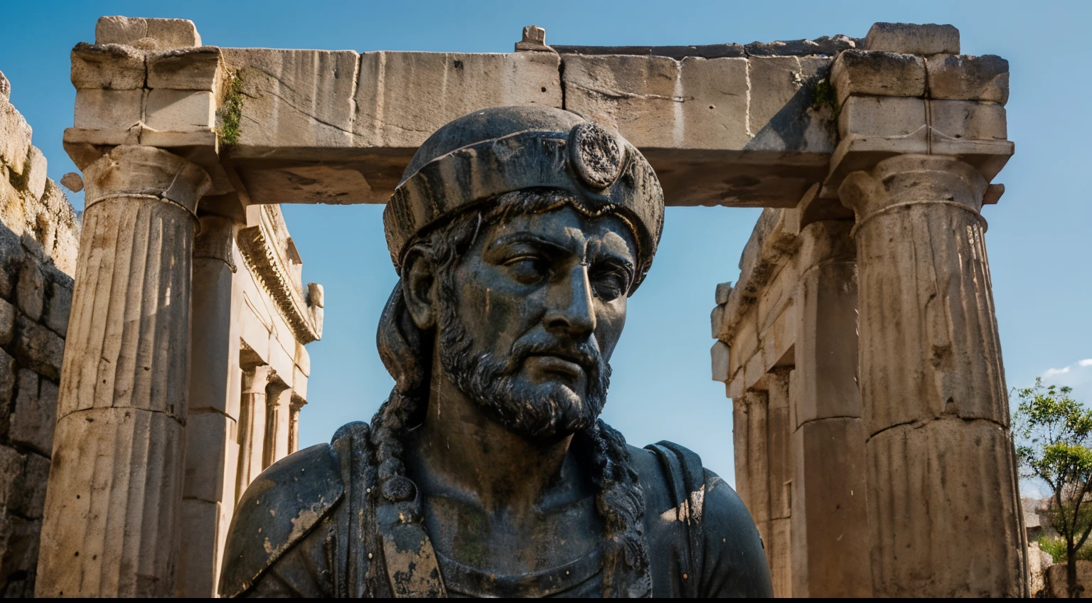Ancient Stoic Statue With Very Angry Expression, tem barba, muitos detalhes em ambos os olhos, Outside, fundo atenas grego, open sky, com rosto extremamente detalhado full body view, Colors with low saturation with dark tone, Filmado em Sony A7S III com Sony FE 35mm f/1.8, 12.1 MP, --AR 3:2 --estilo cru