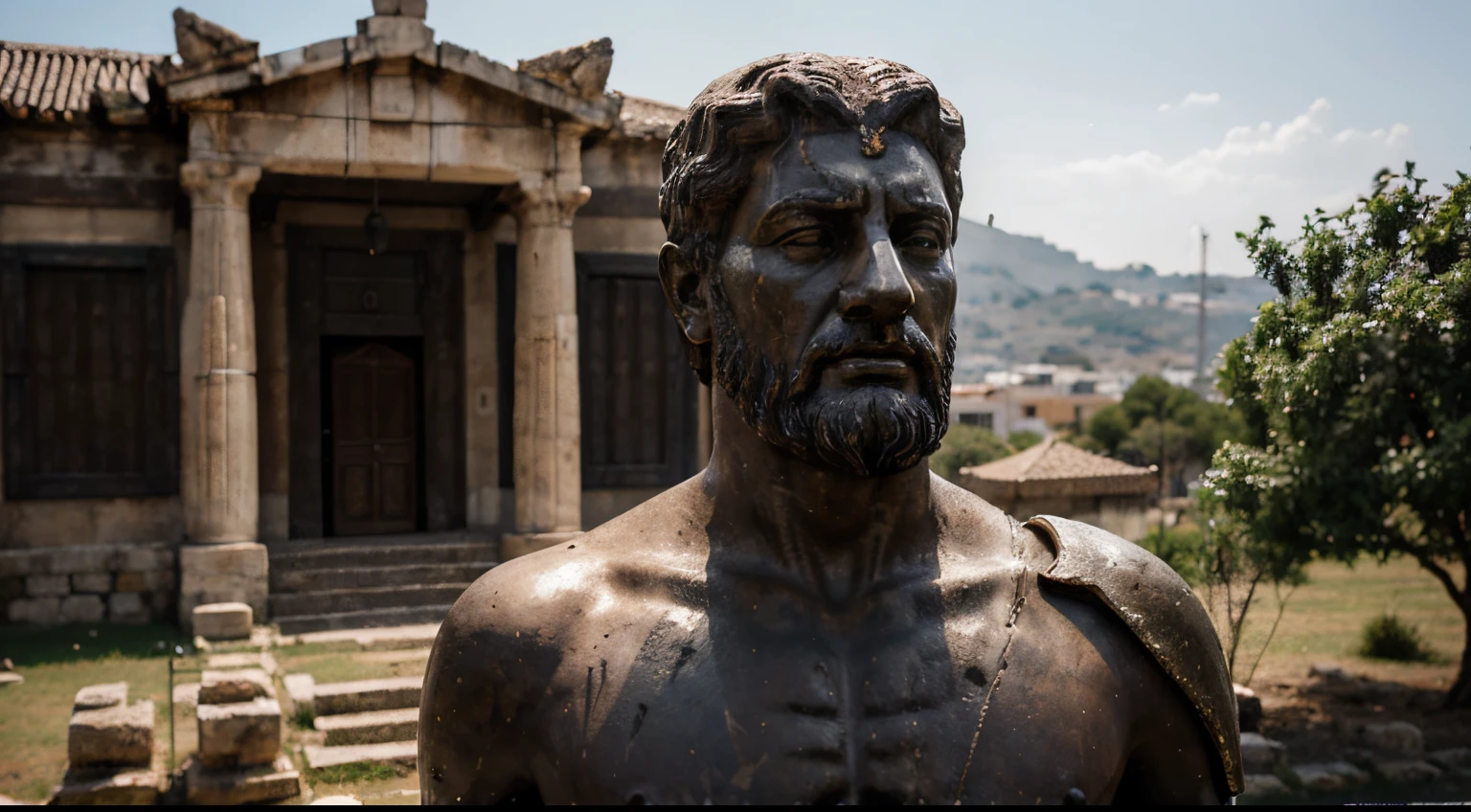 Ancient Stoic Statue With Very Angry Expression, tem barba, muitos detalhes em ambos os olhos, Outside, fundo atenas grego, open sky, com rosto extremamente detalhado full body view, Colors with low saturation with dark tone, Filmado em Sony A7S III com Sony FE 35mm f/1.8, 12.1 MP, --AR 3:2 --estilo cru