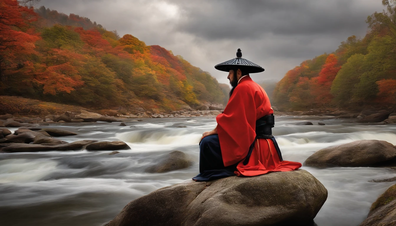 Samouraï en méditation : Une illustration ou une peinture d'un samouraï en méditation ou en contemplation pourrait correspondre au côté réfléchi et spirituel des enseignements de Musashi.