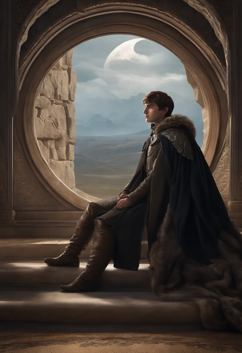 The image is of Bran sitting at the top of the Moon Door, overlooking the breathtaking scenery of the Vale.,A Song of Ice and Fire series,Bran Stark, a central character in “Game of Thrones,” initially appears as a young boy with a curious and adventurous spirit, featuring tousled hair and the traditional Stark attire of the North. After his fall and subsequent paralysis, his physical appearance becomes more subdued, reflecting the seriousness of his journey and transformation.