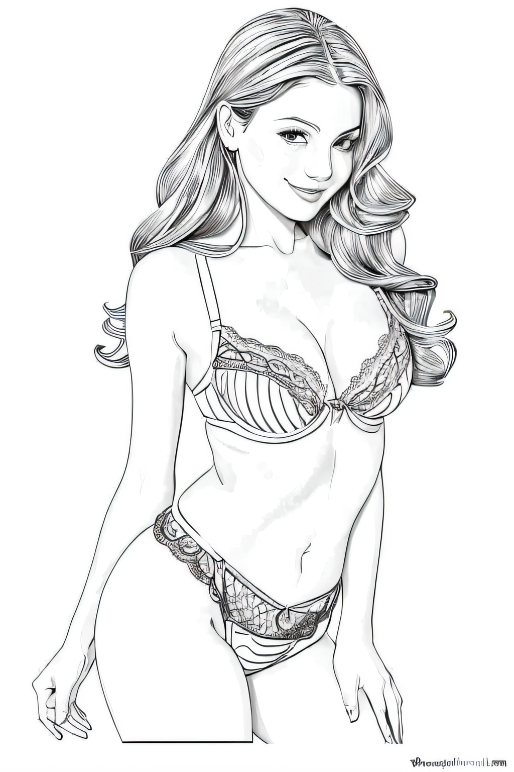 a detailed line art illustration of a beautiful lingerie model, in a playful pose for a coloring book page, subtle inviting smile, with one hand raised to her lips in a thoughtful gesture, emphasizing the contours and outfit details, The image should be in black and white with clear, clean lines for easy coloring.