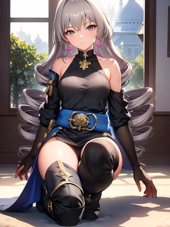 pH Armor, 1girl, 独奏, Jewelry, earings, Long hair, gray hairs, Bangs, drill hair, bare shoulders, gray eyes, thigh boots, thights, thights, Hair between the eyes, knee boots, elbow gloves,Sleeveless, black gloves, twin drills, belt, leggins, whitedress, 가슴, small breasts, black footwear, long sleeves, (Masterpiece:1.2, Best Quality), (finely detailed beautiful eyes: 1.2), (Detailed background,Dark Fantasy), (Beautiful Detail Face), High contrast, (better lighting, extreamly delicate and beautiful), ((cinematiclight)), Colorful, Hyper Detail, Dramatic light, intricate details, (sharp face hair between eyes,Dynamic Angle), (Wasteland, army in the background, winter storm:1.1)