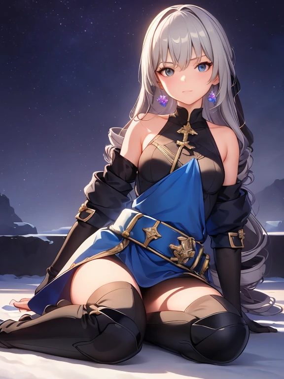 pH Armor, 1girl, 独奏, Jewelry, earings, Long hair, gray hairs, Bangs, drill hair, bare shoulders, gray eyes, thigh boots, thights, thights, Hair between the eyes, knee boots, elbow gloves,Sleeveless, black gloves, twin drills, belt, leggins, whitedress, 가슴, small breasts, black footwear, long sleeves, (Masterpiece:1.2, Best Quality), (finely detailed beautiful eyes: 1.2), (Detailed background,Dark Fantasy), (Beautiful Detail Face), High contrast, (better lighting, extreamly delicate and beautiful), ((cinematiclight)), Colorful, Hyper Detail, Dramatic light, intricate details, (sharp face hair between eyes,Dynamic Angle), (Wasteland, army in the background, winter storm:1.1)