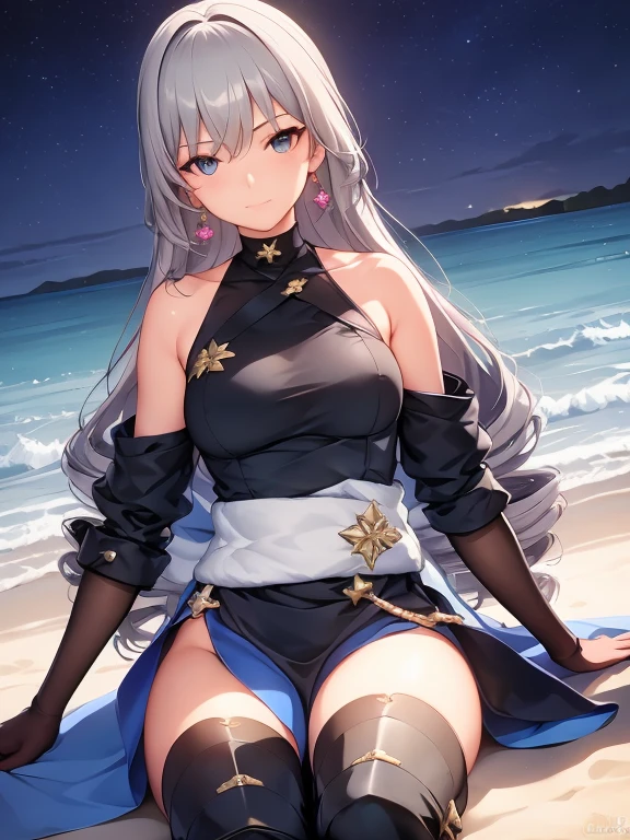 pH Armor, 1girl, 独奏, Jewelry, earings, Long hair, gray hairs, Bangs, drill hair, bare shoulders, gray eyes, thigh boots, thights, thights, Hair between the eyes, knee boots, elbow gloves,Sleeveless, black gloves, twin drills, belt, leggins, whitedress, pectorals, small breasts, black footwear, long sleeves, (Masterpiece:1.2, Best Quality), (finely detailed beautiful eyes: 1.2), (Detailed background,Dark Fantasy), (Beautiful Detail Face), High contrast, (better lighting, extreamly delicate and beautiful), ((cinematiclight)), Colorful, Hyper Detail, Dramatic light, intricate details, (sharp face hair between eyes,Dynamic Angle), army in the background, winter storm