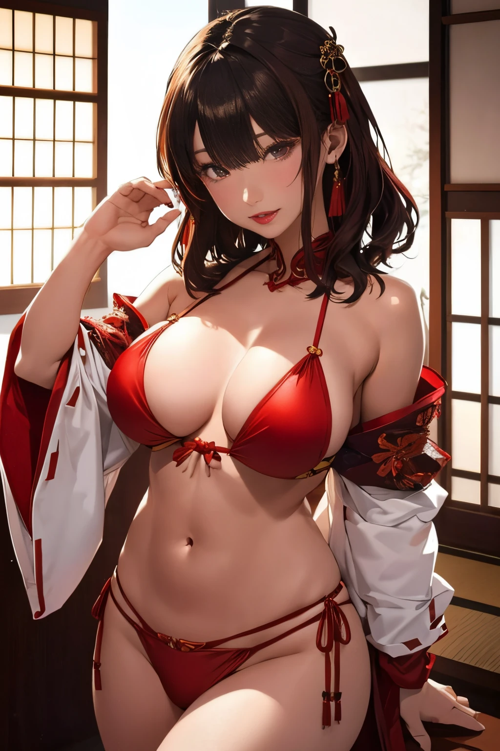sexy female crow tengu、Japanese traditional UMA tengu, sexy japanese monk costume, Sexy brown skin, Nice sexy body、tanned healthy sexy skin、One lady、Red hair ornament、Japanese style sexy costume