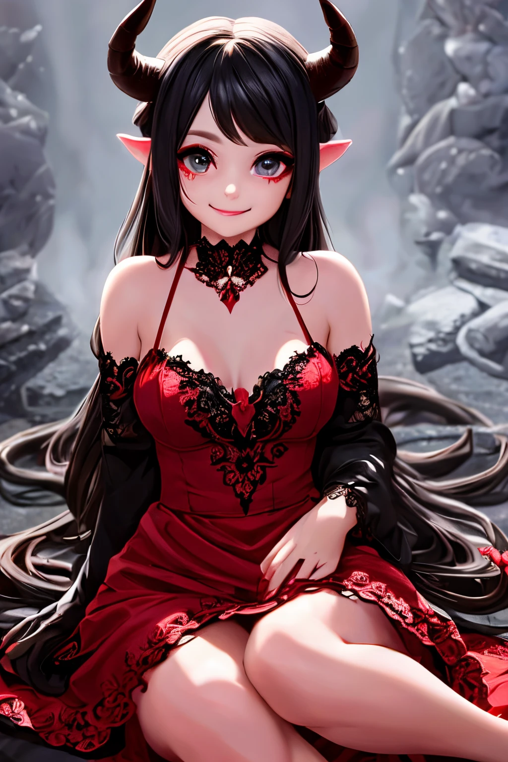 masterpiece, best quality, detailed face, a (horned demon girl) smiling, wearing a lace cloth dress, black hair, red smokey eyes makeup, hair accesories, dramatic magic floating pose, (((full body))),