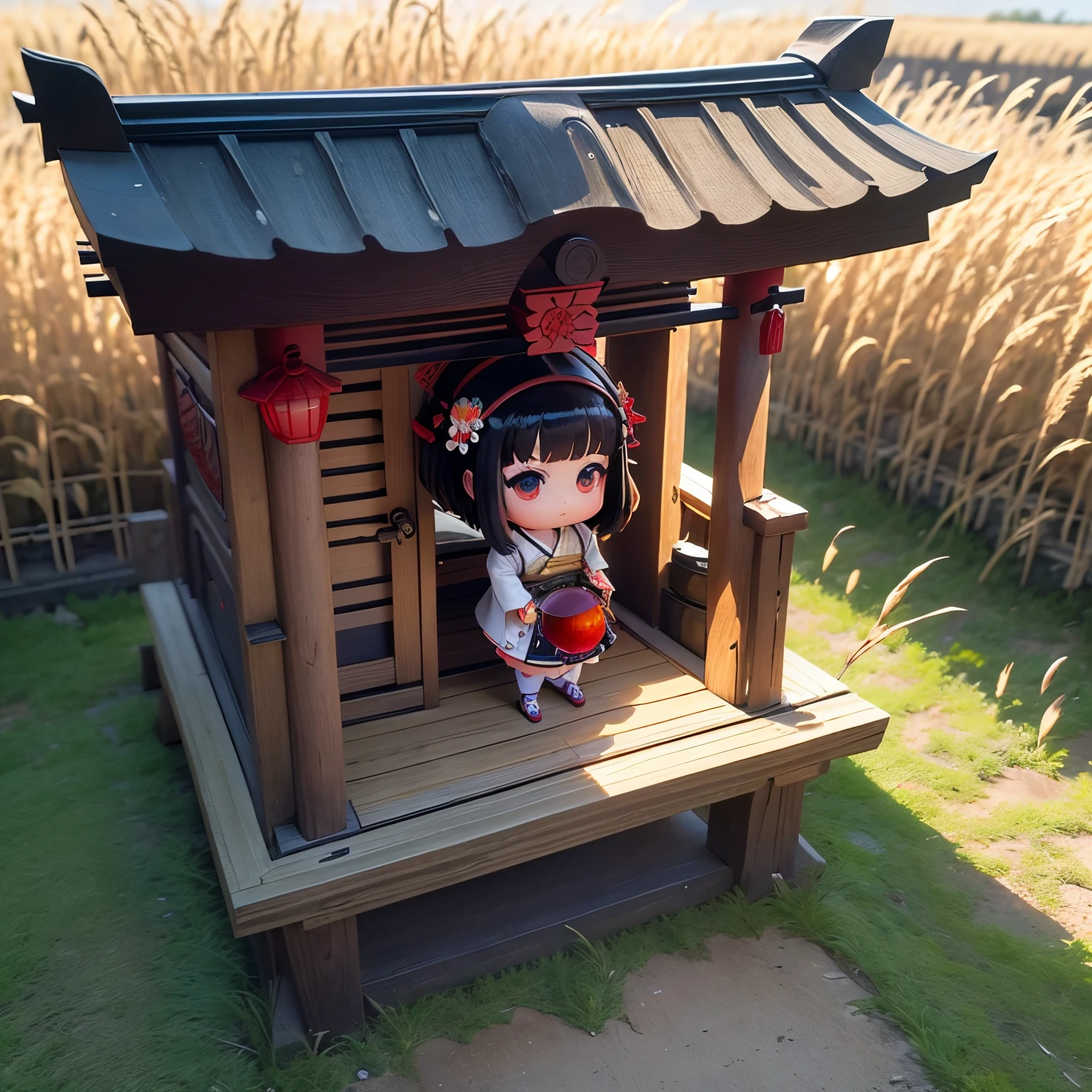 masterpiece、top-quality、ultra-detailliert、(Chibi character shrine maiden:1.2)、Cosplay、Black Hair Bob、Izumo Taisha、Xinjia Festival、In a colander made of straw(🌾、🍙、pickles、Pickled plums:1.2)