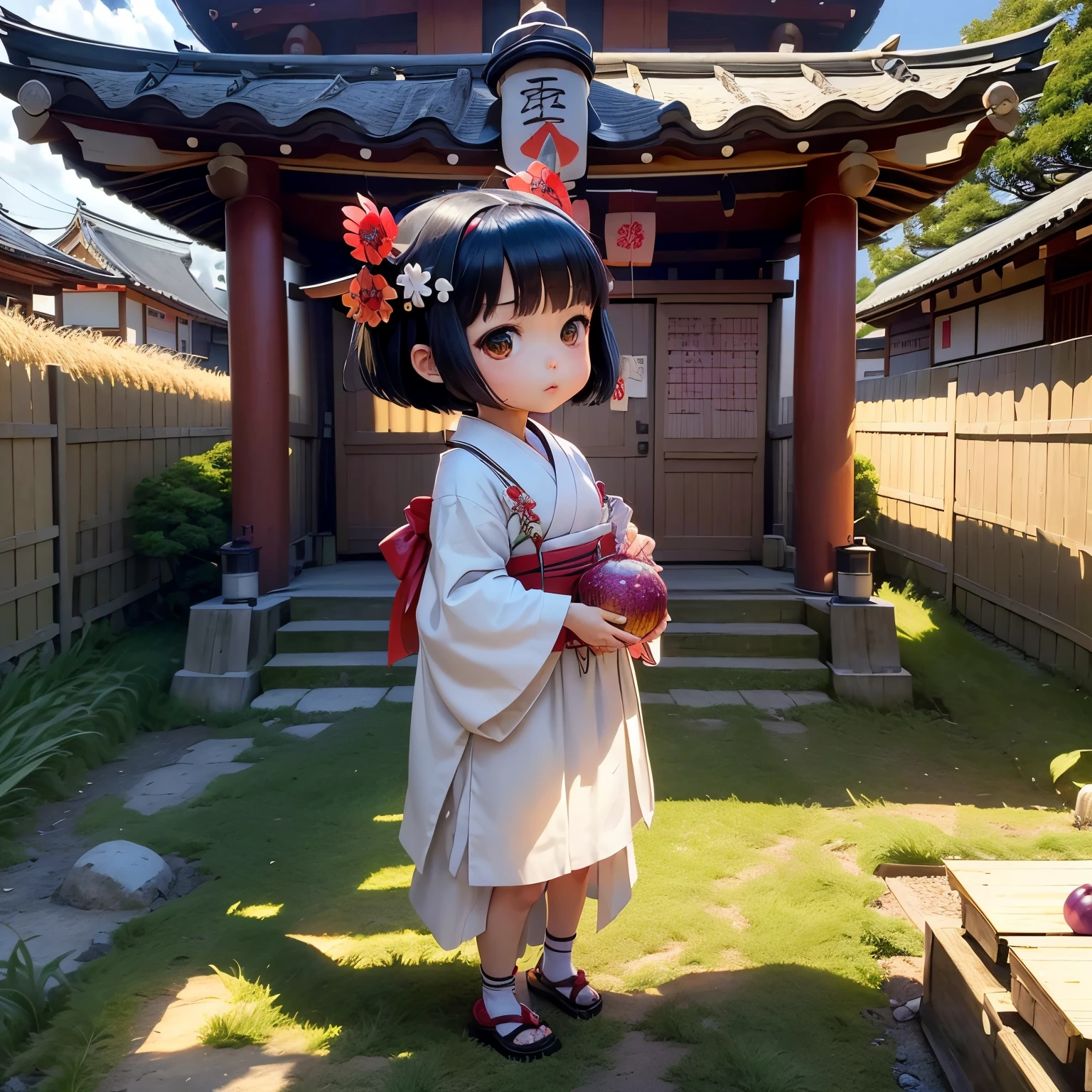 masterpiece、top-quality、ultra-detailliert、(Chibi character shrine maiden:1.2)、Cosplay、Black Hair Bob、Izumo Taisha、Xinjia Festival、In a colander made of straw(🌾、🍙、pickles、Pickled plums:1.2)