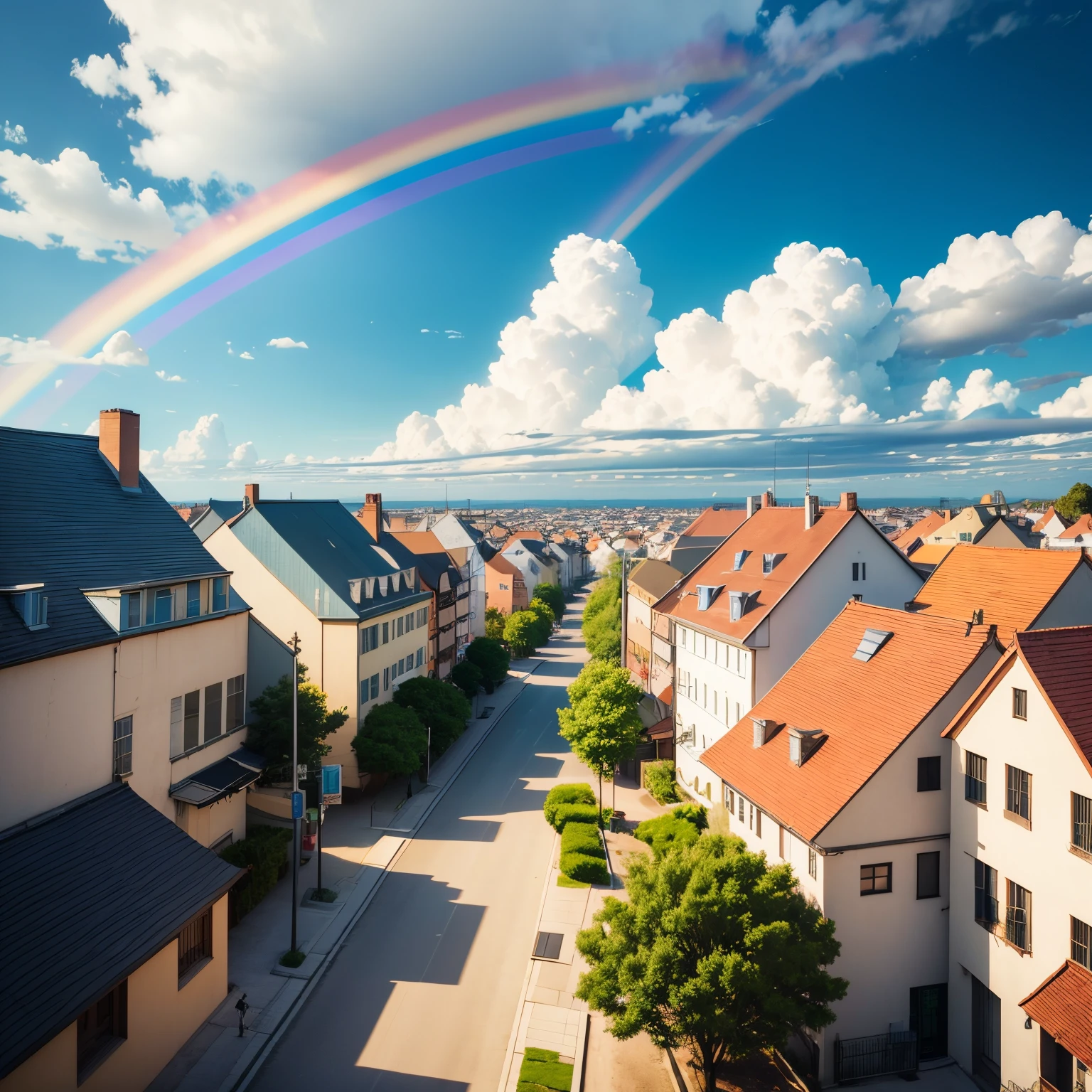 In a minimalistic world, there is a comical townscape where various small Pokémon figures reside. The scene looks joyful, with colorful rainbows visible in the sky and clouds of different sizes and colors floating around.
で