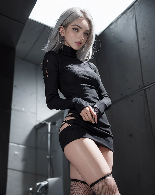 Masterpiece, 8K, photorealistic, ultra realistic, (1girl, solo),
_
the most beautiful, European Gravure idol, 24 years old, 170 cm, (((large breasts:1.2))), (((slender waist, toned thighs, toned arms):1.3)), ((small head, small face:1.2)), diamond Face, small nose, (small mouth), Sharp Faceline,
_
BREAK ((lower BODY:1.2)), (standing, from below:1.4), look at viewer,
_ BREAK ((big eyes, Double eyelid, tareme, droopy eyes):1.3), ((smile, small lips, teeth:1.3)), (mole under eye:1.2), (Perl White teeth), ((gray hair)), short hair, asymmetrical hair, Aqua eyes, light makeup, thin eyebrow, shiny skin, detailed skin, detailed face, perfect eyes, detailed eyes, shiny hair,
_
BREAK (black theme:1.2), ((High_neck knit sweater, no cutout, black knit dress, log dress:1.4)), (((no cutout))), (fish net Stockings:1.4), (silver earring, silver bracelet, silver necklace:1.2),
_
BREAK (black and White theme:1.2), Inorganic concrete photo studio, Inorganic concrete, small window, gray concrete block, highly, blur, blur background, front lightning, Cinematic lighting, raw photo,