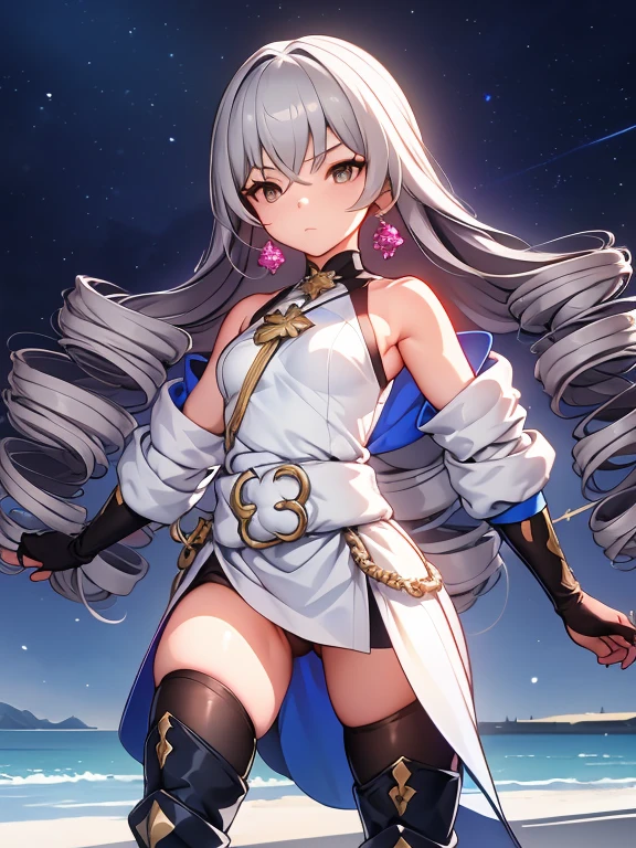 pH Armor, 1girl, 独奏, Jewelry, earings, Long hair, gray hairs, Bangs, drill hair, bare shoulders, gray eyes, thigh boots, thights, thights, Hair between the eyes, knee boots, elbow gloves,Sleeveless, black gloves, twin drills, belt, leggins, whitedress, pectoral muscles, small breasts, black footwear, long sleeves, Colorful, Hyper Detail, Dramatic light, intricate details, (sharp face hair between eyes,Dynamic Angle), army in the background, winter storm