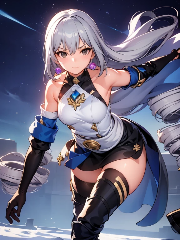 pH Armor, 1girl, 独奏, Jewelry, earings, Long hair, gray hairs, Bangs, drill hair, bare shoulders, gray eyes, thigh boots, thights, thights, Hair between the eyes, knee boots, elbow gloves,Sleeveless, black gloves, twin drills, belt, leggins, whitedress, pectoral muscles, small breasts, black footwear, long sleeves, Colorful, Hyper Detail, Dramatic light, intricate details, (sharp face hair between eyes,Dynamic Angle), army in the background, winter storm