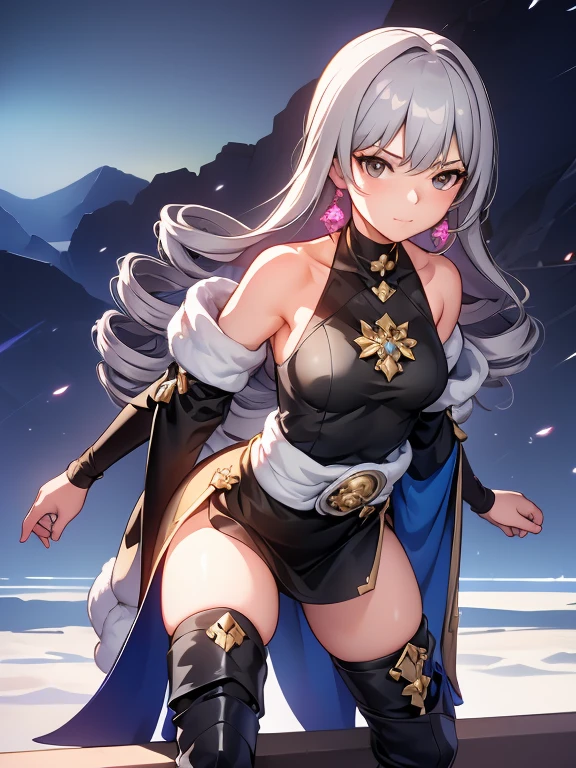 pH Armor, 1girl, 独奏, Jewelry, earings, Long hair, gray hairs, Bangs, drill hair, bare shoulders, gray eyes, thigh boots, thights, thights, Hair between the eyes, knee boots, elbow gloves,Sleeveless, black gloves, twin drills, belt, leggins, whitedress, pectoral muscles, small breasts, black footwear, long sleeves, Colorful, Hyper Detail, Dramatic light, intricate details, (sharp face hair between eyes,Dynamic Angle), army in the background, winter storm