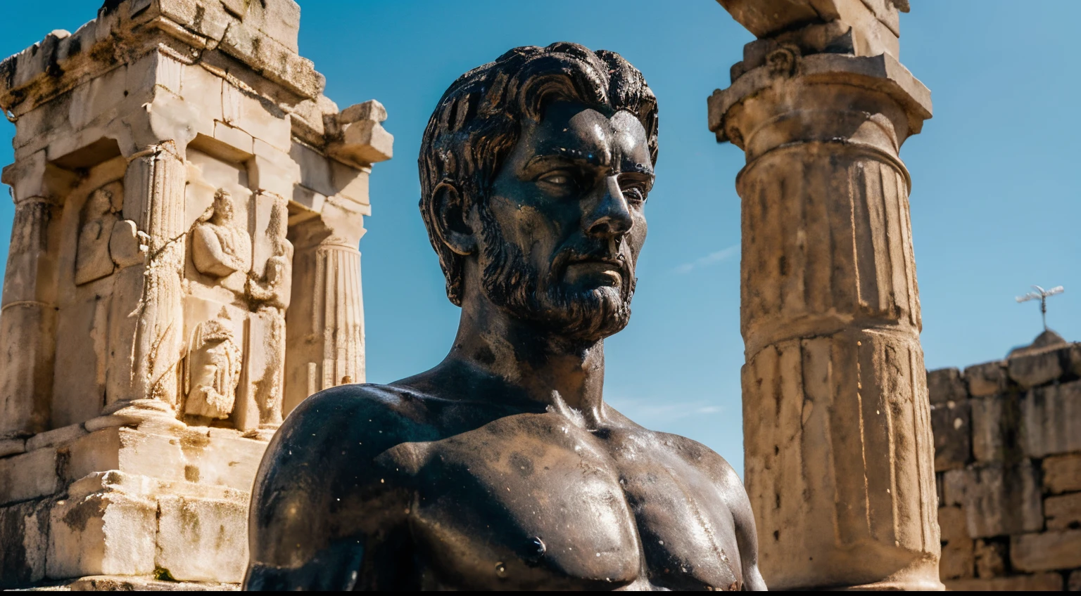 Ancient Stoic Statue With Very Angry Expression, tem barba, muitos detalhes em ambos os olhos, Outside, fundo atenas grego, open sky, com rosto extremamente detalhado full body view, Colors with low saturation with dark tone, Filmado em Sony A7S III com Sony FE 35mm f/1.8, 12.1 MP, --AR 3:2 --estilo cru